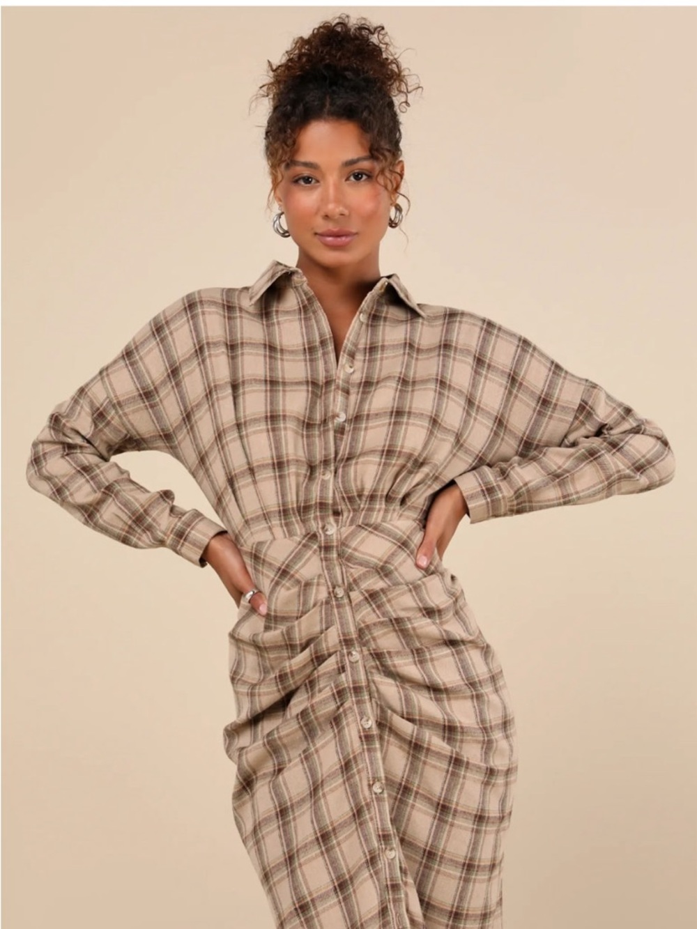 Lulus Seasonal Spirit Taupe Plaid Ruched Long Sleeve Midi Dress